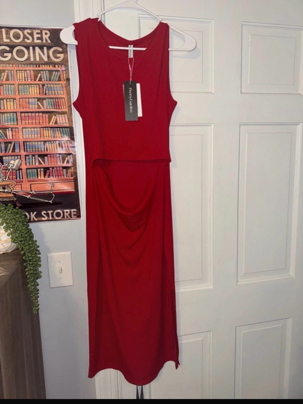 Sleeveless Red Maxi Dress with Draped Waist - Unknown Brand